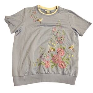 Embroidered Top Hummingbird‎ Floral Crew Neck Small Cottagecore